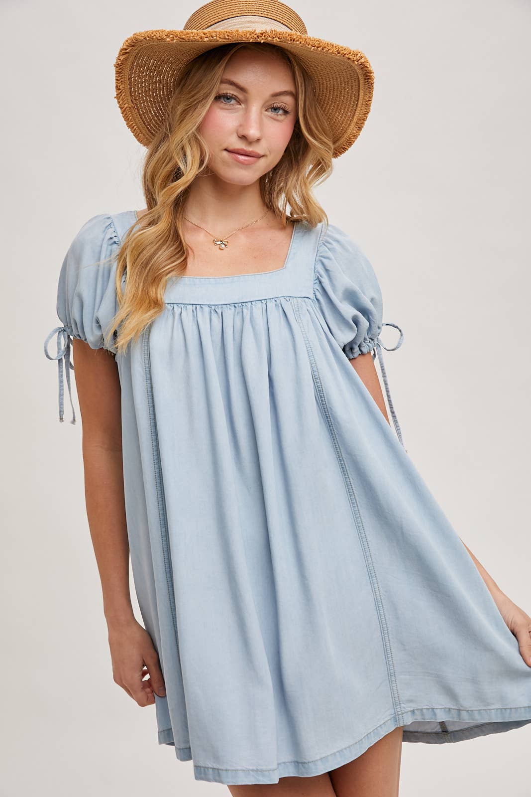 Denim Square Neck Babydoll Dress with Pockets