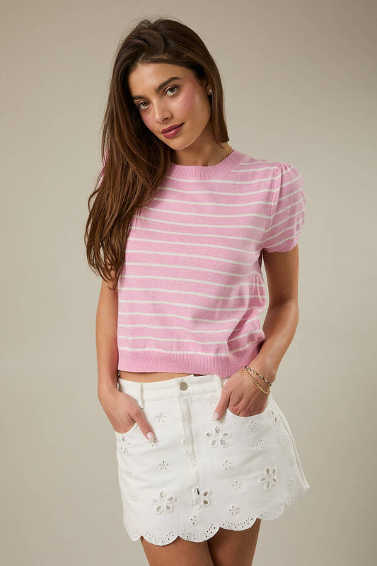 Sunday Edition | Half Sleeve Crew Neck Puff Striped Sweater Top Pink