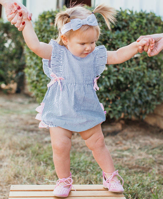 Blue Seersucker Classic Ruffle Bubble Romper
