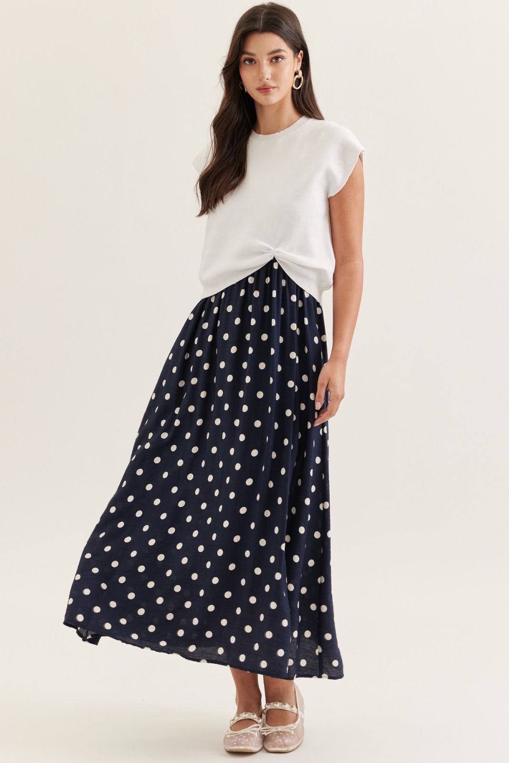entro | Layered Polka Dot Midi Dress Set Navy and White