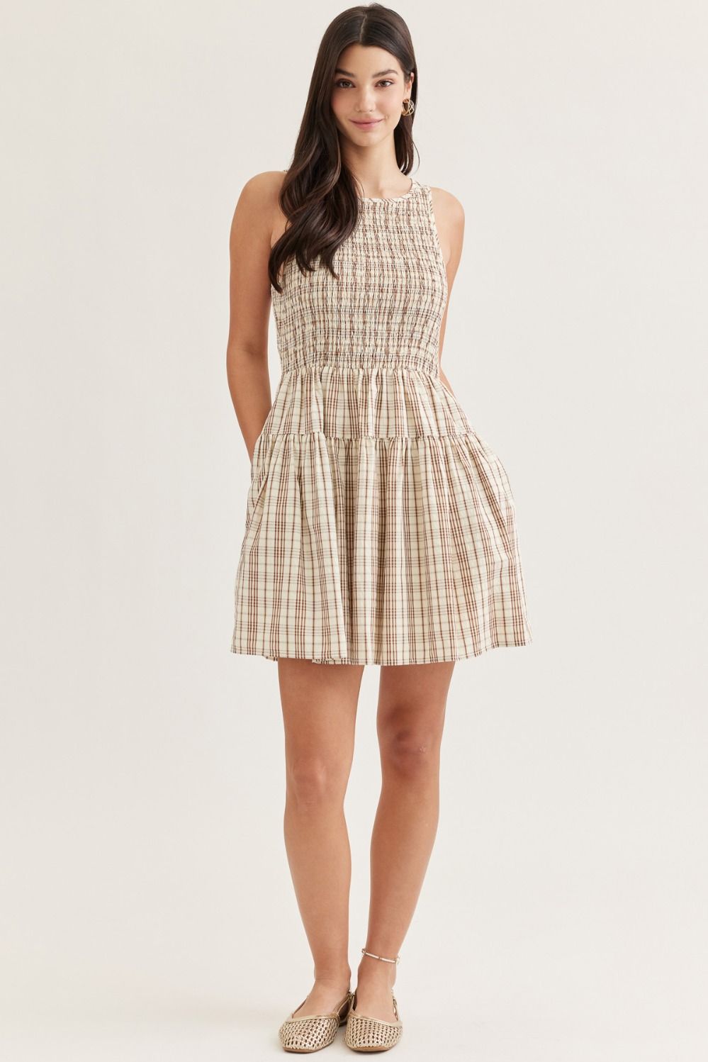 entro | Plaid Sleeveless Smocked Tan Mini Dress