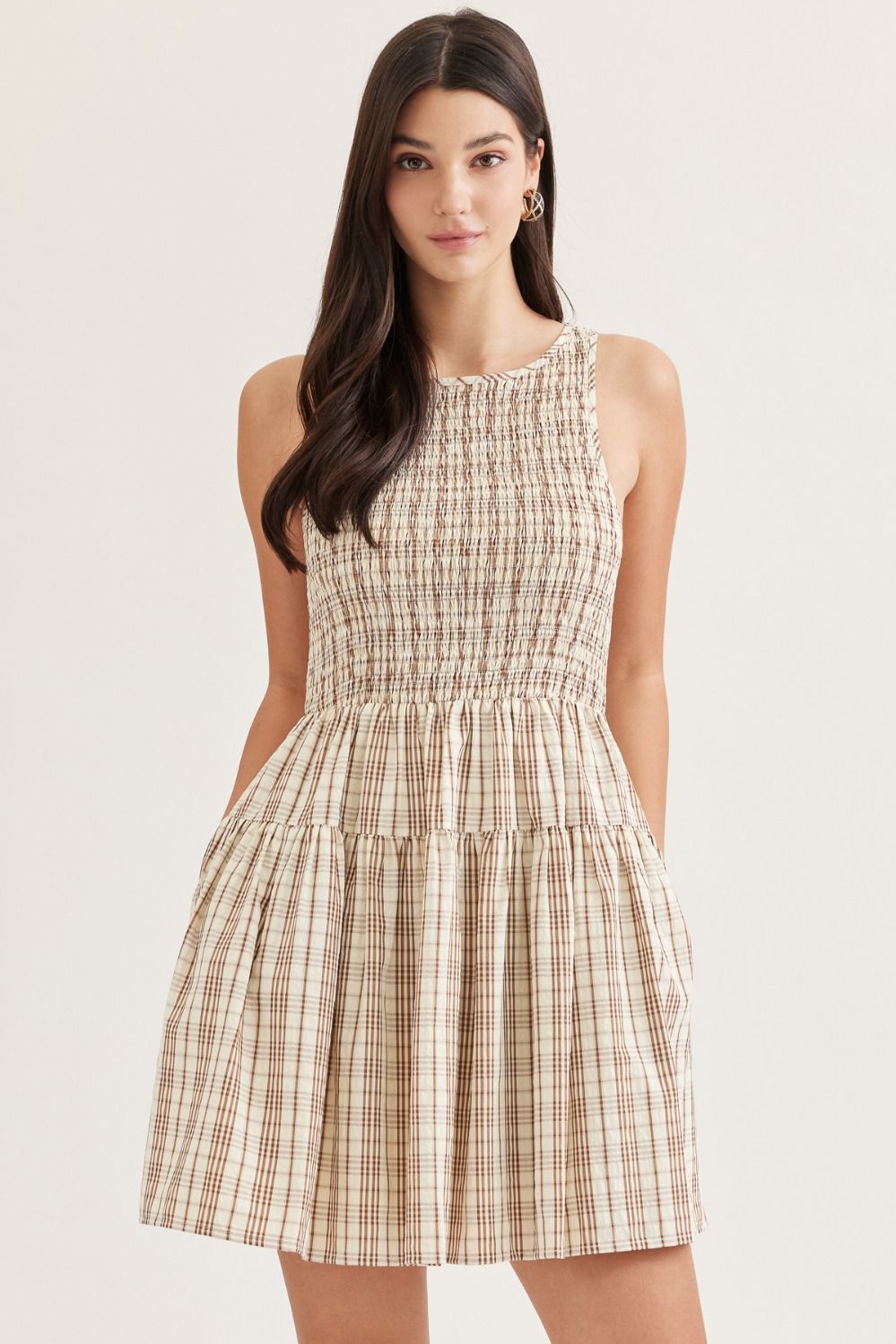 entro | Plaid Sleeveless Smocked Tan Mini Dress