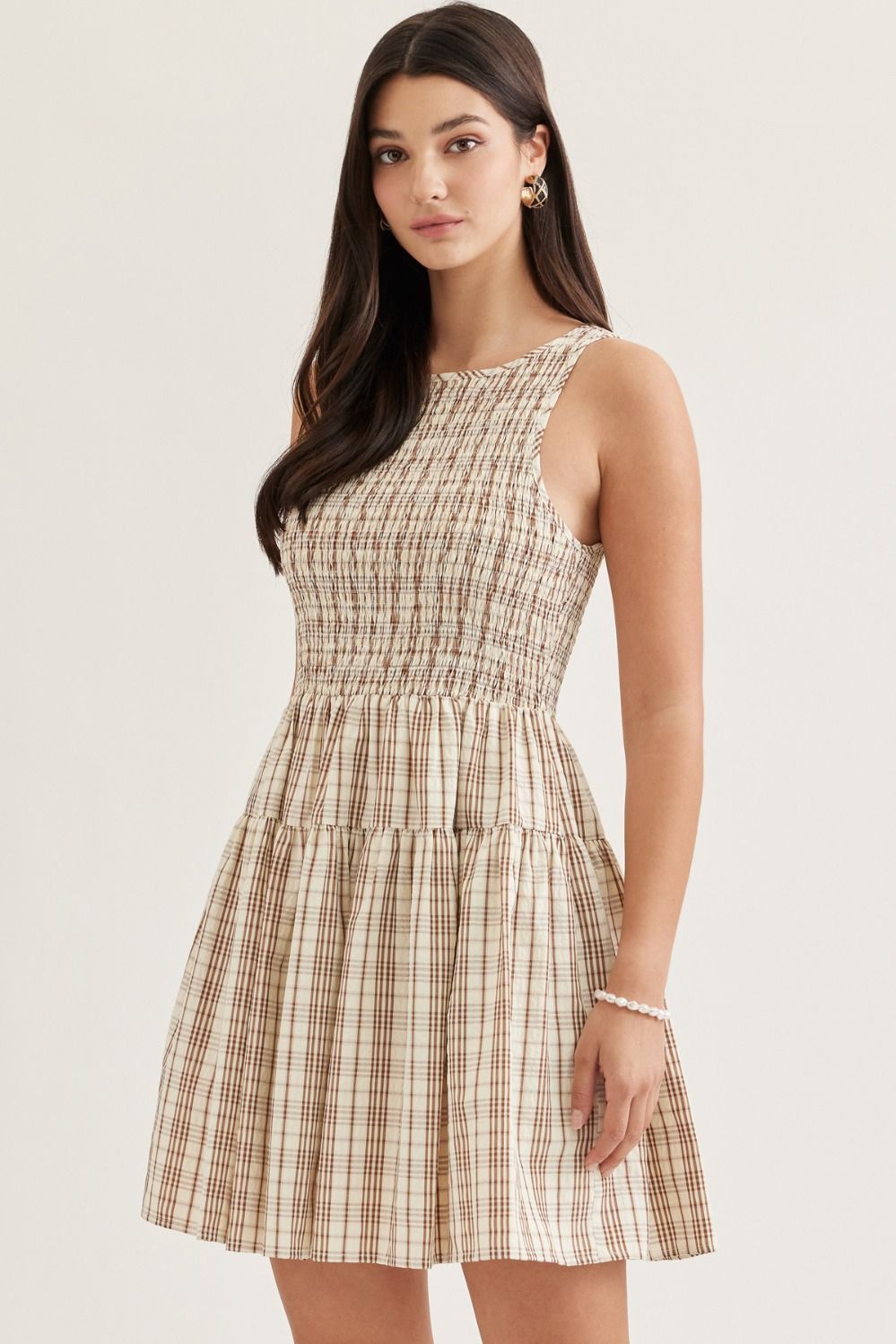 entro | Plaid Sleeveless Smocked Tan Mini Dress
