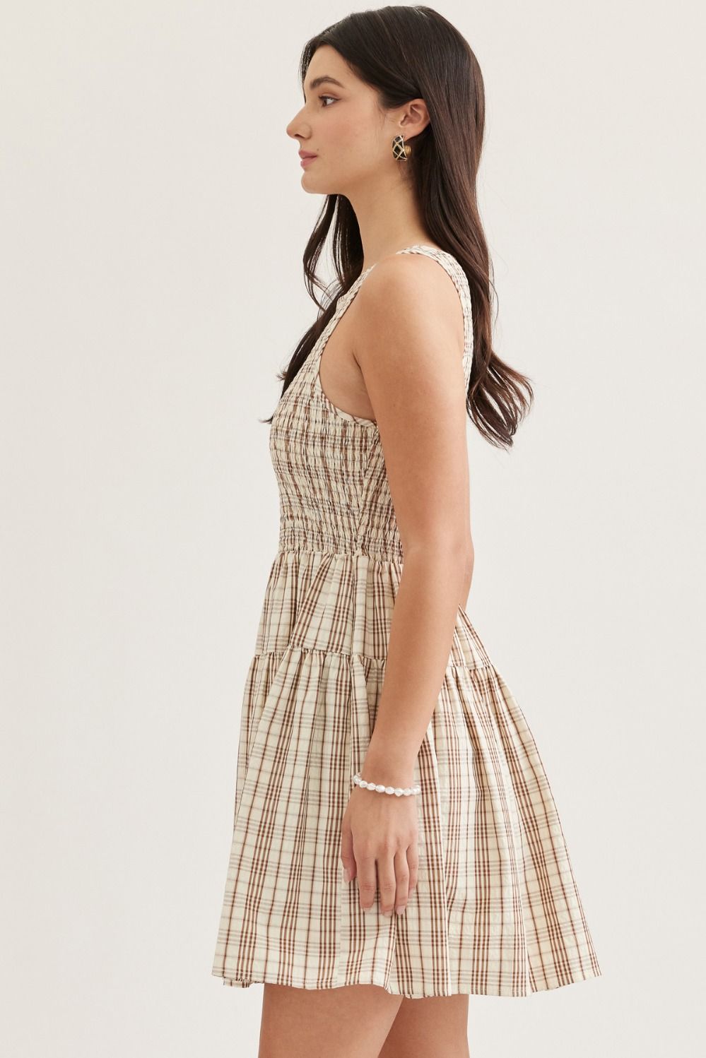 entro | Plaid Sleeveless Smocked Tan Mini Dress