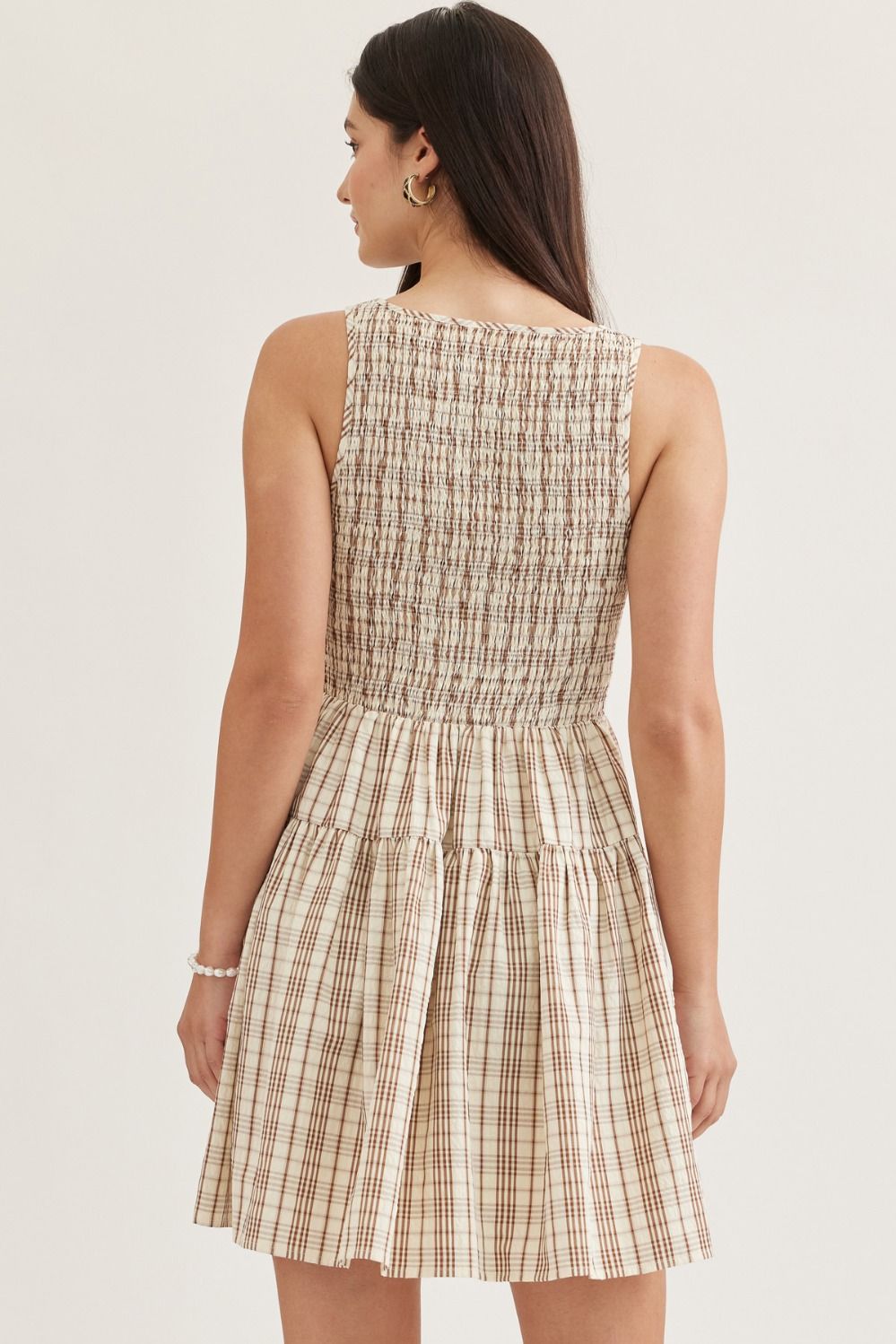 entro | Plaid Sleeveless Smocked Tan Mini Dress