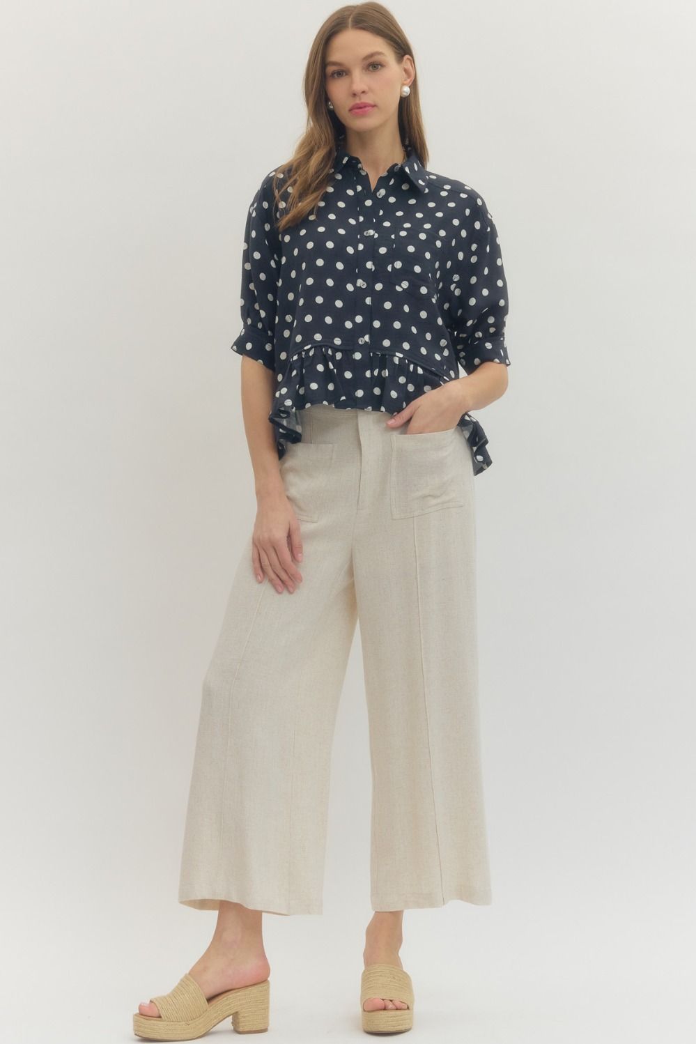 entro | Polka Dot Short Sleeve Ruffle Hem Top