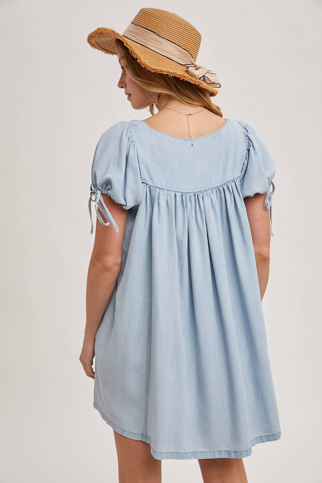 Denim Square Neck Babydoll Dress with Pockets