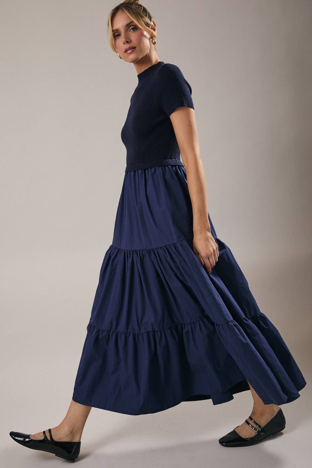 Sunday Edition | Mock Neck Short Sleeve Tiered Midi Dress