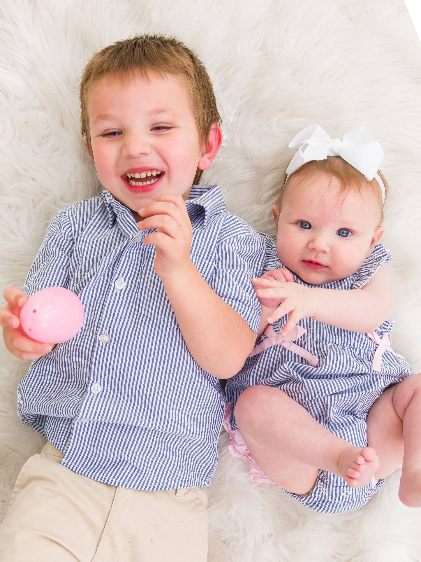 Blue Seersucker Classic Ruffle Bubble Romper
