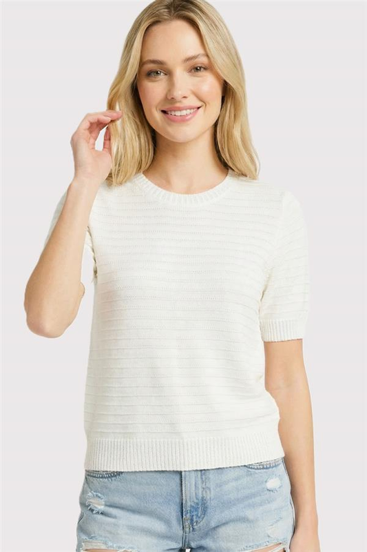 Staccato | Pointelle Texture Striped Crew Neck Short Sleeve Sweater