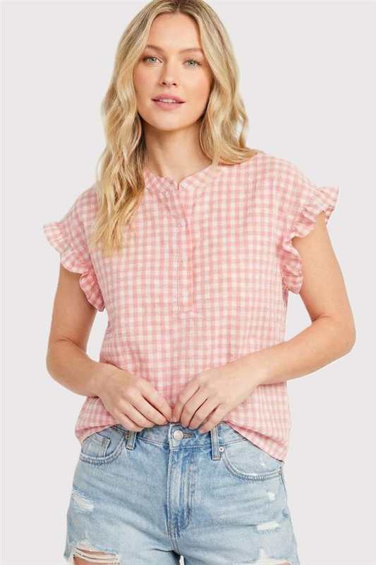 Staccato | Coral Gingham Ruffle Sleeve Top