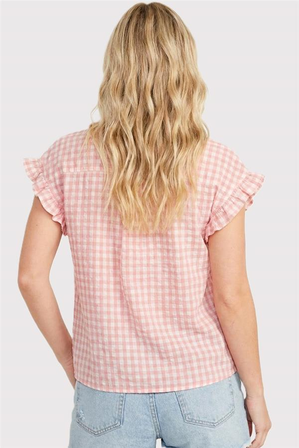 Staccato | Coral Gingham Ruffle Sleeve Top