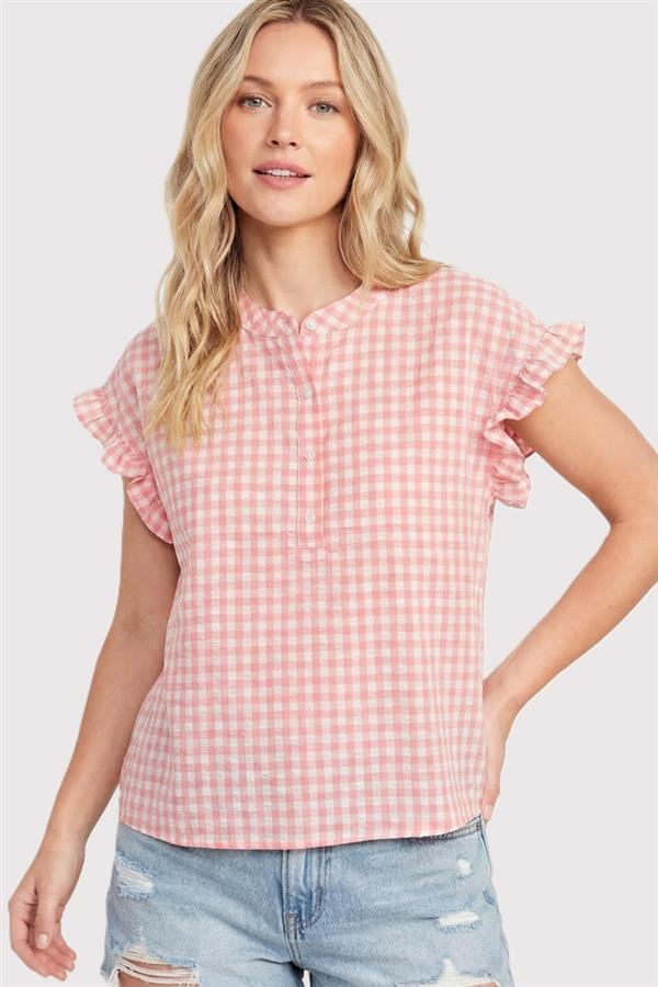Staccato | Coral Gingham Ruffle Sleeve Top