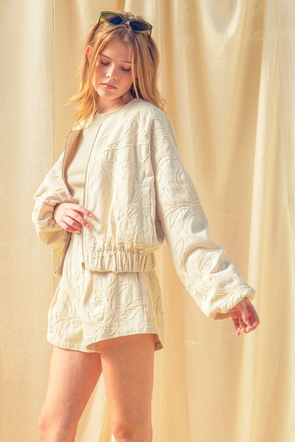 Miou Muse | Floral Jacquard Zip Up Jacket